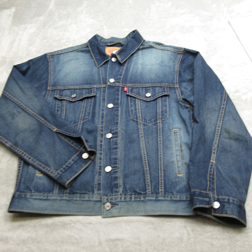 Levis Denim Jacket Men Medium Blue Button Relaxed‎ Trucker Hippie Whisker Patch